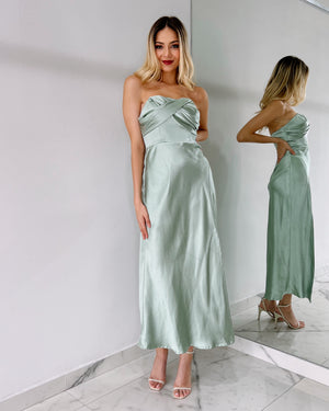 Mint Silk Strapless Midi Dress