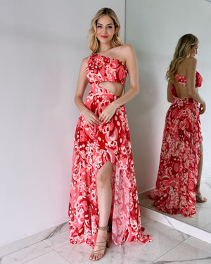 Red Mosaic One Shoulder Gown Dress