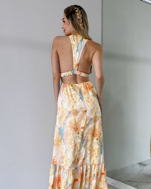 Yellow Floral Open Back Maxi Dress
