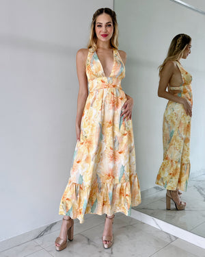 Yellow Floral Open Back Maxi Dress