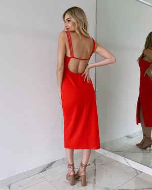 Red Open Back Strap Detail Midi Dress