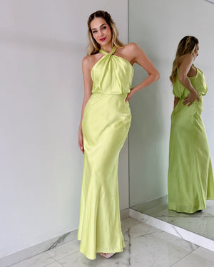 Lime Halter Open Back Gown Dress