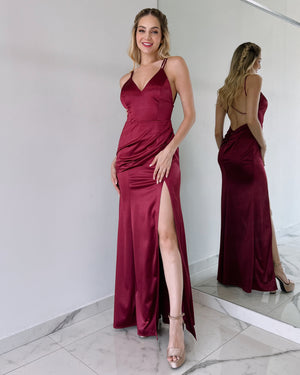 Wine Open Back Silk Gown Dress