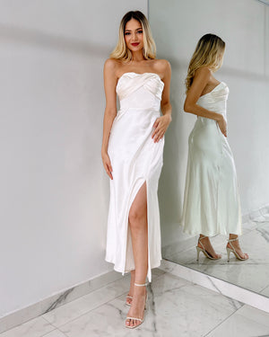 Champagne Silk Strapless Midi Dress