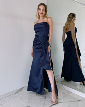 Navy Pearl Ruffle Gown Dress