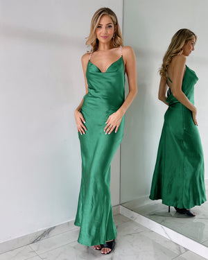 Forest Green Pearl Detail Open Back Maxi Dress