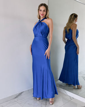 Blue Halter Open Back Gown Dress