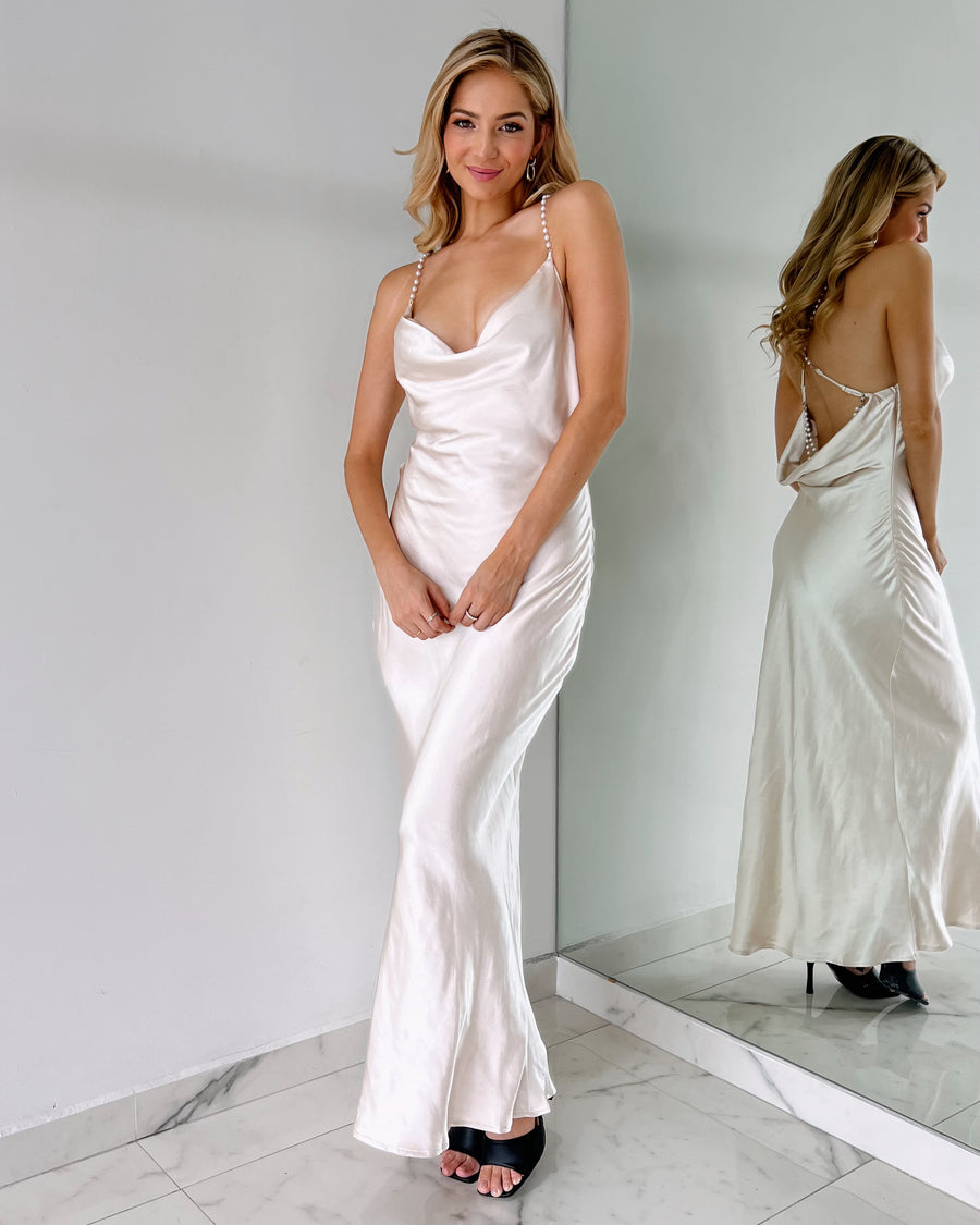 Champagne Pearl Detail Open Back Maxi Dress