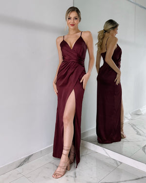 Wine V Neck Gown Dress