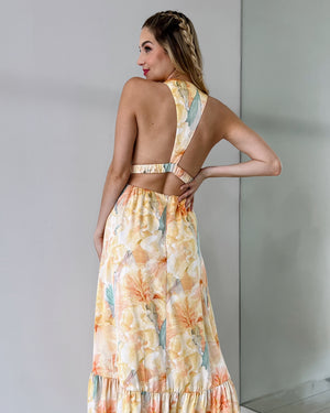 Yellow Floral Open Back Maxi Dress