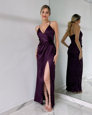 Purple V Neck Gown Dress