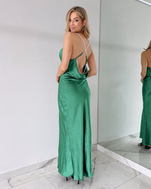 Forest Green Pearl Detail Open Back Maxi Dress