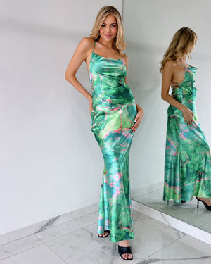 Green Print Open Back Gown Dress