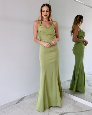 Olive Halter Basic Gown Dress