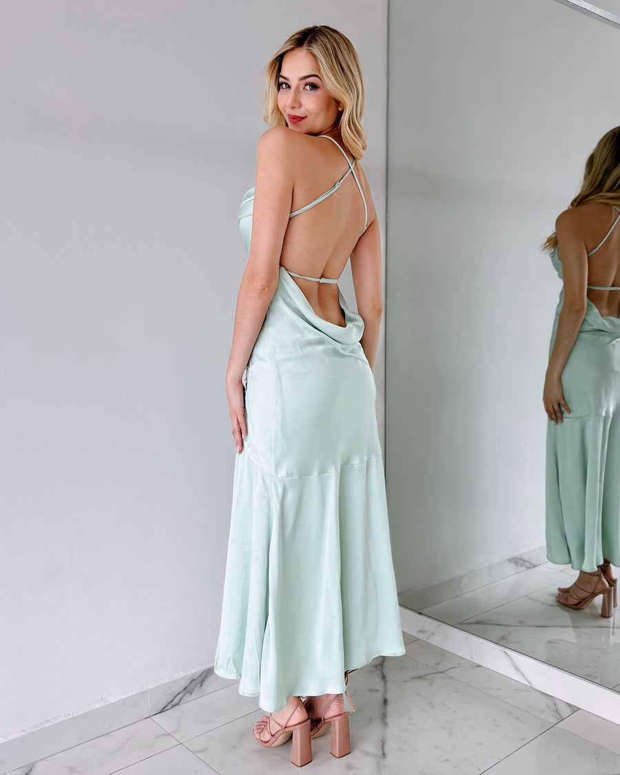 Mint Open Back Button Midi Dress