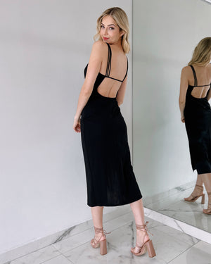 Black Open Back Strap Detail Midi Dress