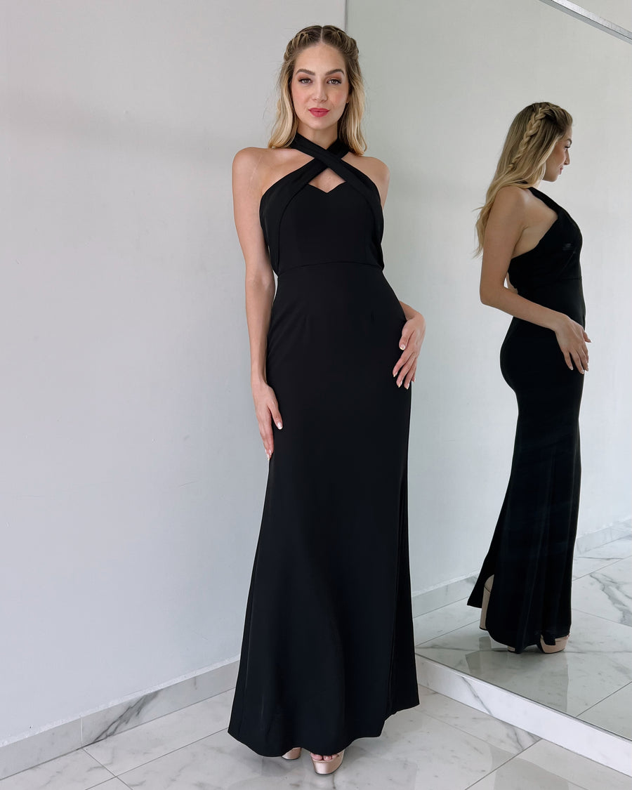 Black Basic Cross Gown Dress