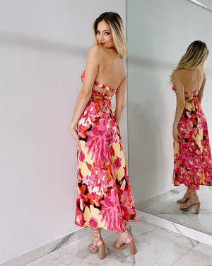 Pink Floral Open Detail Midi Dress
