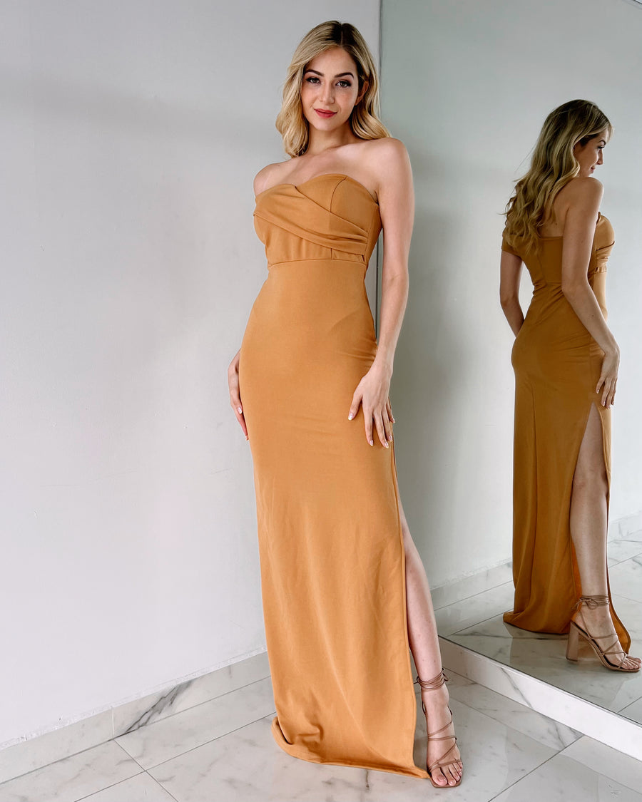 Camel Off Shoulder Gown Dress