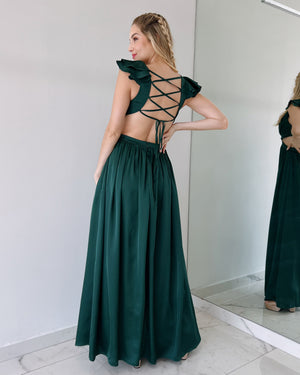 Forest Green Ruffle Open Back Gown Dress