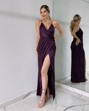 Purple V Neck Gown Dress