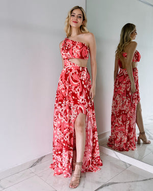 Red Mosaic One Shoulder Gown Dress