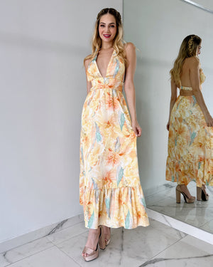 Yellow Floral Open Back Maxi Dress