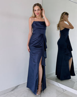 Navy Pearl Ruffle Gown Dress