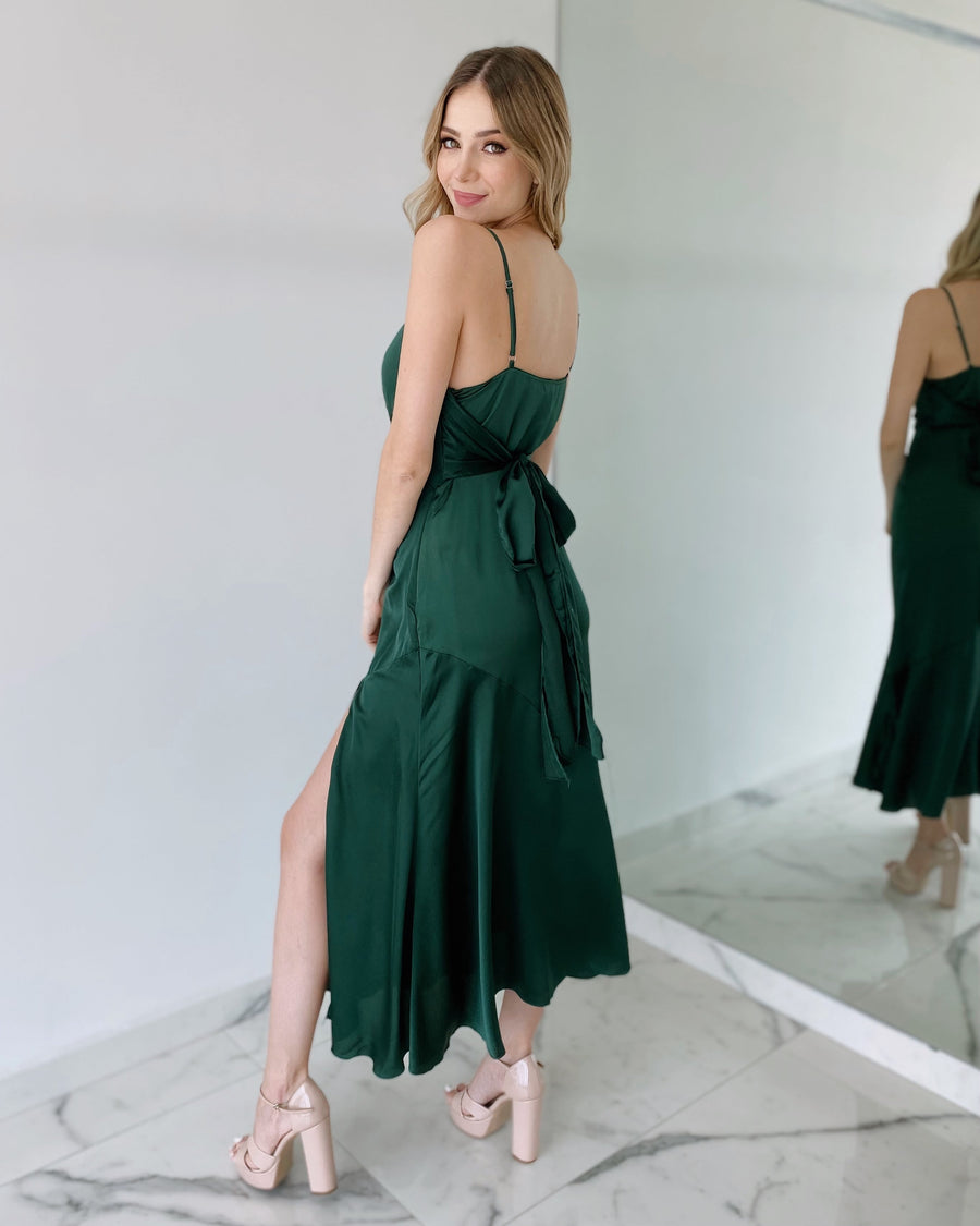 Forest Green Silk Midi Dress