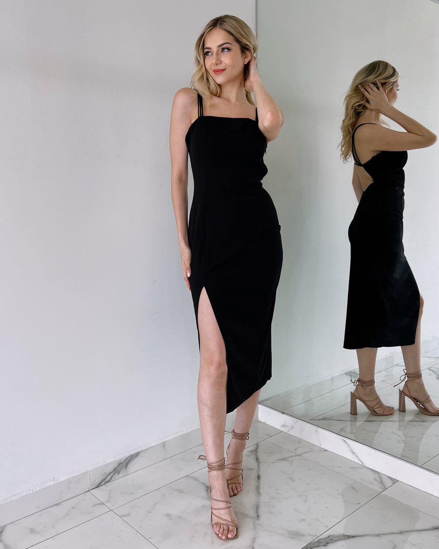 Black Open Back Strap Detail Midi Dress