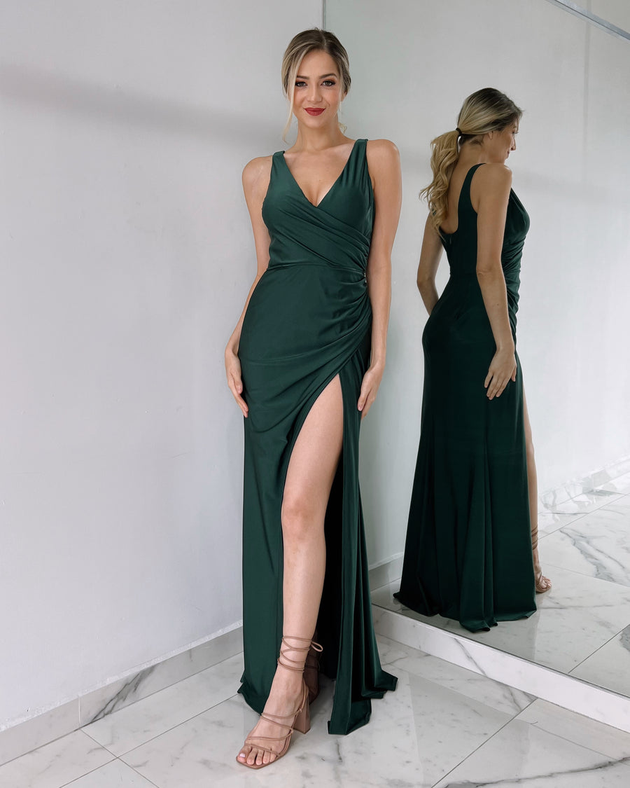 Forest Green Stretch Basic Gown Dress