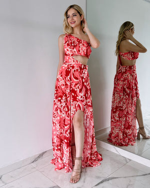 Red Mosaic One Shoulder Gown Dress