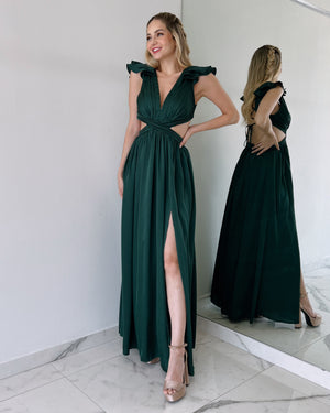 Forest Green Ruffle Open Back Gown Dress