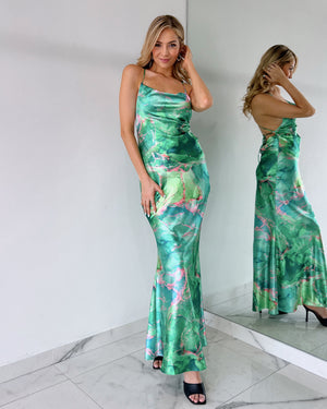 Green Print Open Back Gown Dress