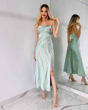 Mint Silk Strapless Midi Dress