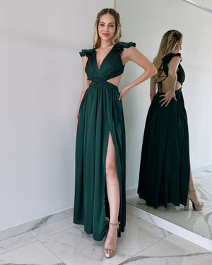 Forest Green Ruffle Open Back Gown Dress