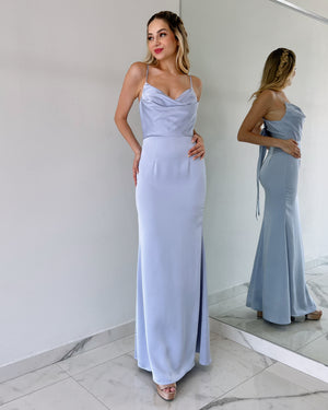 Dusty Blue Open Back Gown Dress