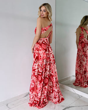 Red Mosaic One Shoulder Gown Dress