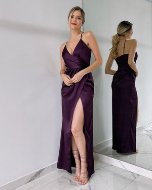 Purple V Neck Gown Dress