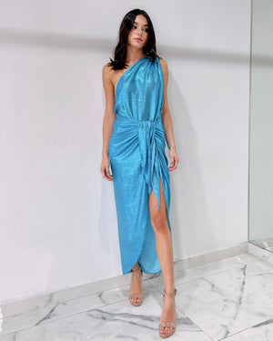 Baby Blue Metallic Open Back Midi Dress