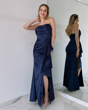 Navy Pearl Ruffle Gown Dress