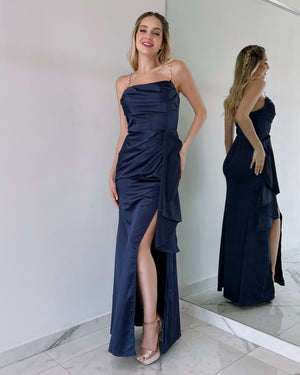 Navy Pearl Ruffle Gown Dress