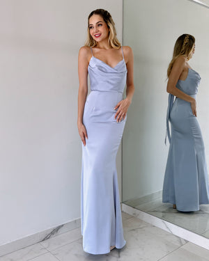 Dusty Blue Open Back Gown Dress