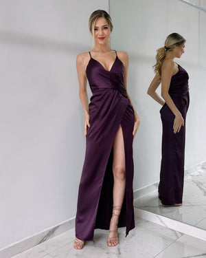 Purple V Neck Gown Dress