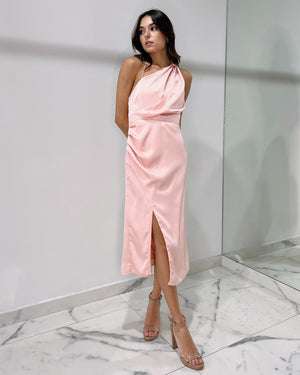 Pink One Shoulder Detail Midi Dress