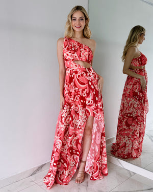 Red Mosaic One Shoulder Gown Dress