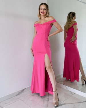Hot Pink Off Shoulder Gown Dress