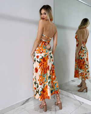 Orange Floral Open Detail Midi Dress