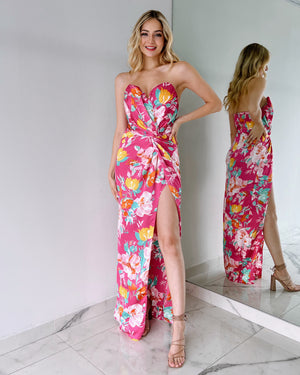 Pink Floral Strapless Gown Dress