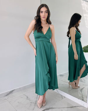 Forest Green Silk Midi Dress